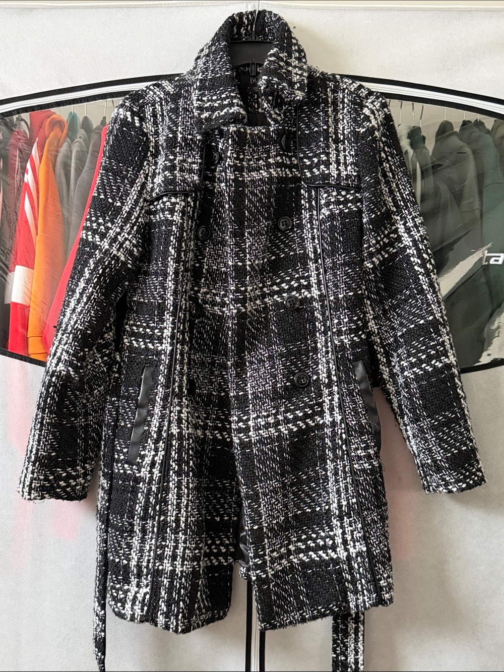 BCX Black and White Plaid Double-Breasted Pea Coat